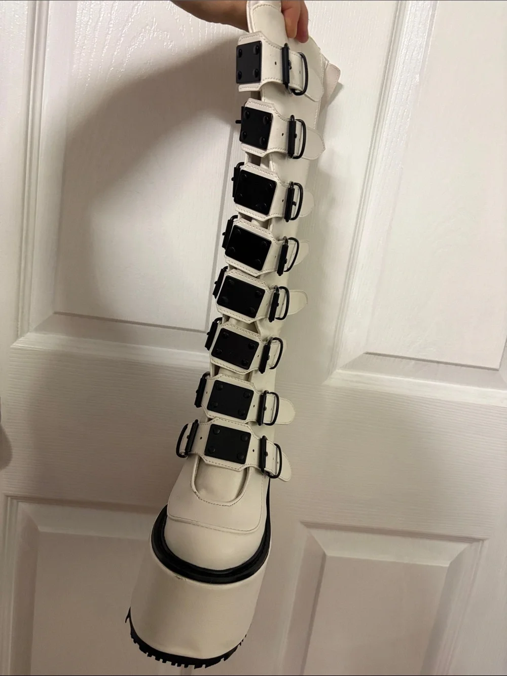 Demonia White Knee-High Platform Buckle Boots size 6 Goth